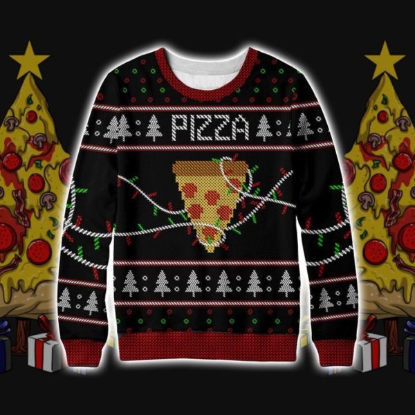 Pizza Knitting Pattern 3D Print Ugly Christmas Sweatshirt Apparel