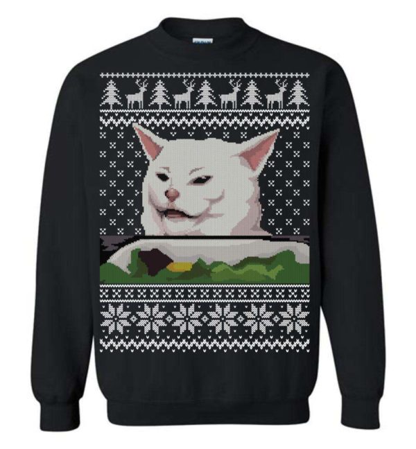 Confused Cat at Dinner Ugly Christmas Sweater Apparel