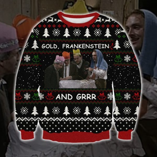 Bottom Gold Frankenstein And Grrr 3D Print Christmas Sweatshirt Apparel
