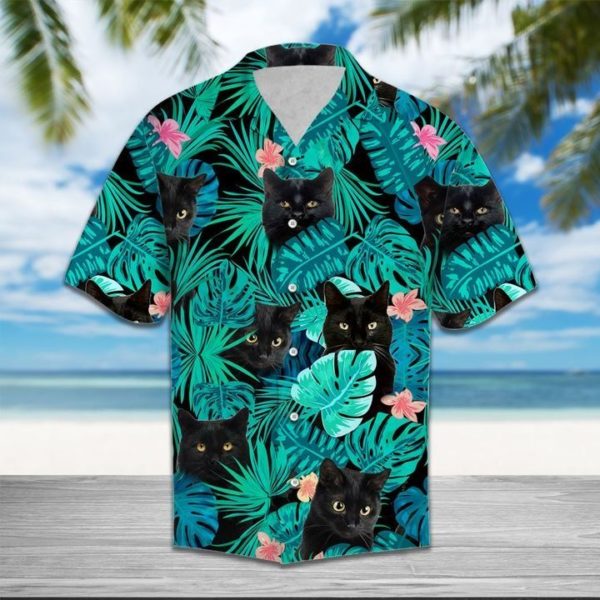 Black Cat Tropical Hawaiian Shirt Apparel