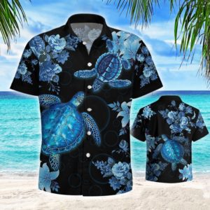 Blue Sea Turle Hawaiian Button Shirt Apparel