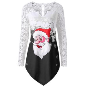 Merry Christmas Lace Panel Santa Claus Tops Long Sleeve Apparel