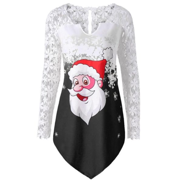 Merry Christmas Lace Panel Santa Claus Tops Long Sleeve Apparel