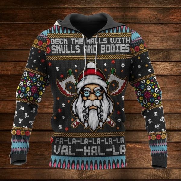 Vladoart Viking Deck The Halls With Skulls 3D Knitting Pattern Ugly Christmas Shirt Jisubin Apparel