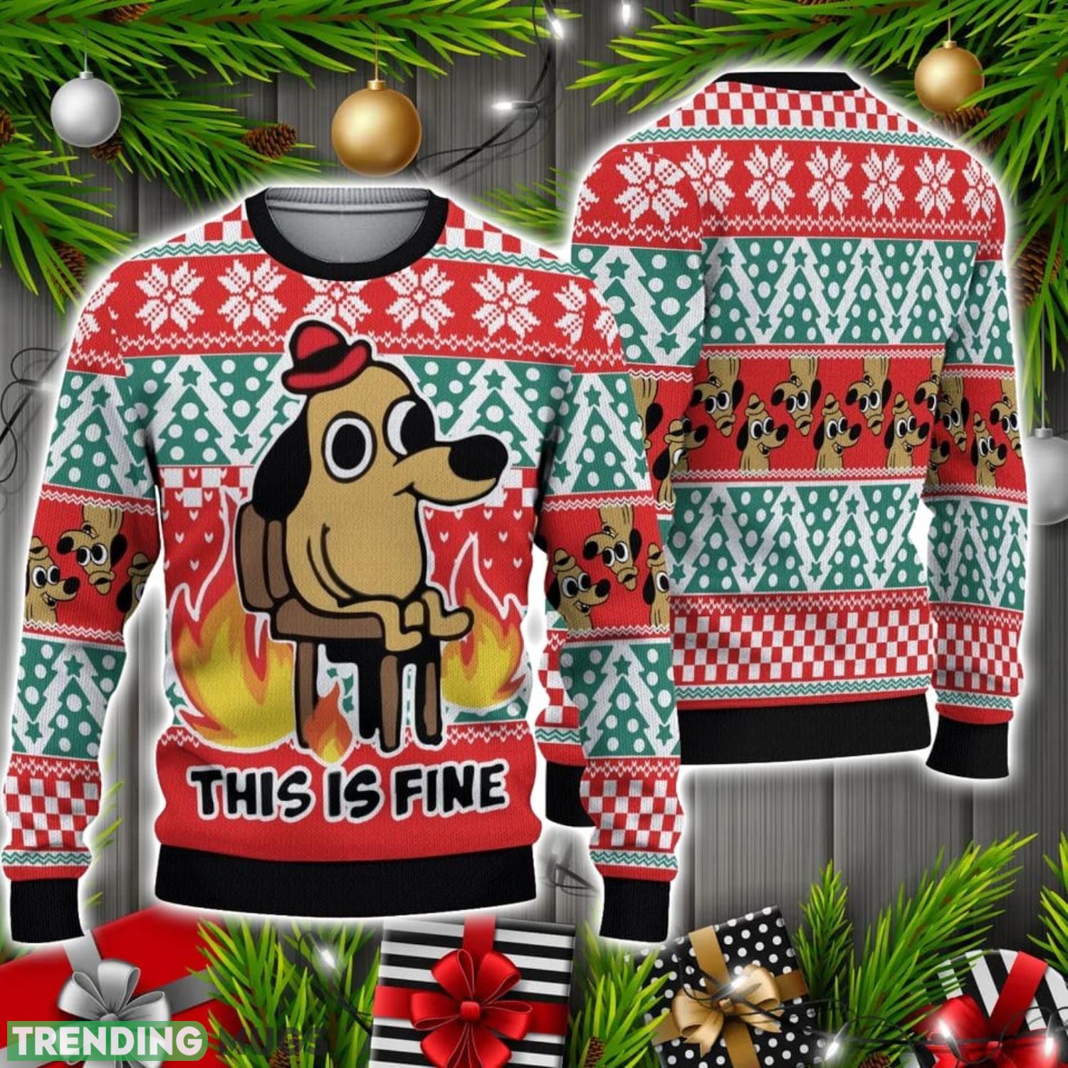 This is Fine meme Ugly Sweater Christmas Holiday Gift 3D Sweater This is Fine meme Ugly Sweater Christmas Holiday Gift 3D Sweater